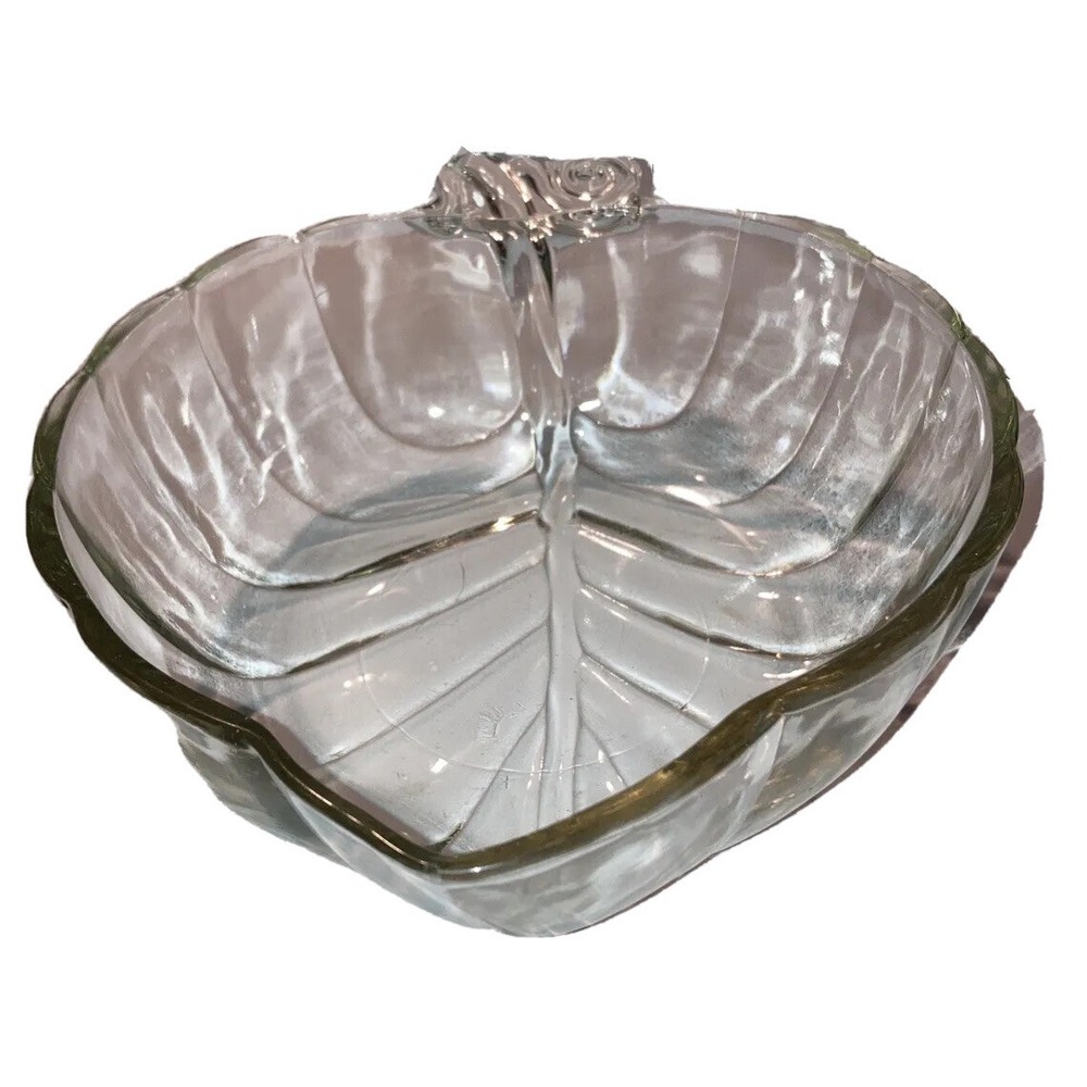 Vintage Clear Glass Serving Side Dish Bowl Tabletop Leaf Shaped 10"x 3.5"
